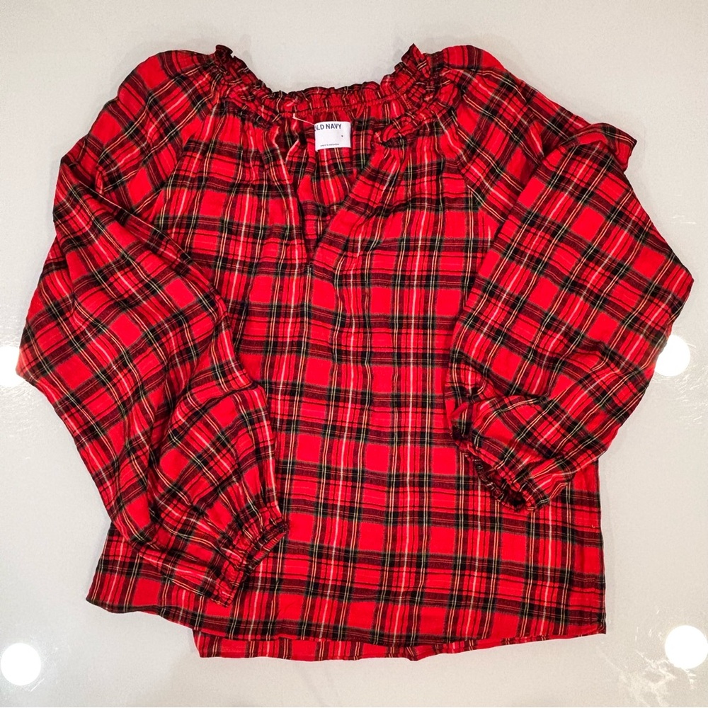 Old Navy Red Plaid Smocked Neck Blouse - Cottagecore - Size L - Cozy Top